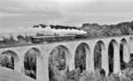 38 1665 überquert das Weissenbach-Viadukt bei Degersheim. Das Viadukt ist Teil der Eisenbahnlinie der Schweizerischen Südostbahn beziehungsweise der früheren Bodensee-Toggenburg-Bahn. Der zugehörige Streckenabschnitt von St. Gallen nach Wattwil wurde 1910 eröffnet. Die gesamte Strecke ist aufgrund der topographischen Verhältnisse im Voralpenraum durch zahlreiche Kunstbauten gekennzeichnet. Bei Degersheim erreicht sie mit 799 m ihren höchsten Punkt und fällt dann nach Wattwil beziehungsweise St. Gallen ab. Die Brücke quert den von Schwellbrunn nach Norden zur Glatt führende Wissbach, der sich über 100 Meter tief in die Landschaft einschneidet. Die Bogenbrücke besteht aus gemauerten Natursteinen. Das 282 Meter lange Viadukt hat 13 Öffnungen, wobei die fünf mittleren Öffnungen etwas weiter sind als die jeweils vier Bogen an den beiden Rändern. (26.09.1965) <i>Foto: Karl Wyrsch, Slg. D. Ammann</i>