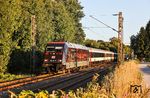 Es war wohl die letzte Gelegenheit, einen EC mit Schweizer Wagen auf der Wupperstrecke bei Tageslicht aufzunehmen. Der tatsächlich pünktliche EC 6 aus Interlaken Ost erschien mit den letzten Sonnenstrahlen und Werbelok 101 127 "100 Jahre Baureihe 01" bei Solingen-Ohligs. Zum Fahrplanwechsel 2026 wird aus dem lokbespannten Zug ein ICE. (25.08.2025) <i>Foto: Joachim Bügel</i>