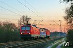 114 013 überführt 181 201 und 143 119 als Lr 70547 vom DB-Museum Koblenz-Lützel ins Werk Frankfurt-Griesheim, die dort vorübergehend die Vorheizanlage ersetzen sollen. (07.03.2025) <i>Foto: Marvin Christ</i>