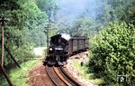 99 1586 mit P 14293 nach Jöhstadt auf dem Dreischienengleis (1435/750 mm) der Normalspurstrecke nach Annaberg-Buchholz hinter der Zschopaubrücke bei Wolkenstein.  (26.08.1978) <i>Foto: Bernd Kappel</i>