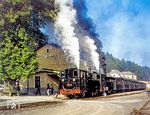 In Steyr Lokalbahn sind 298.51 und 298.25 mit dem P 3668 eingetroffen. Der Zug war in Aschach mit dem P 3671 aus Molln vereinigt worden.  (08.1980) <i>Foto: Karsten Risch</i>