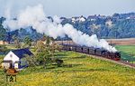 Bauernhofidylle mit Obstbäumen, Scheune, Silo und einer Kinderschaukel an der Station Neuzeug. Daneben rauscht ein langer Zug der Steyrtalbahn vorbei, gezogen von Lok 298.51 und 298.25 mit dem in Aschach an der Steyr zusammengestellten langen Personenzug 3662 nach Garsten.  (08.1980) <i>Foto: Karsten Risch</i>