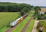 Trotz des umfangreichen Ersatzverkehrs war auf der eingleisigen Strecke noch Platz für solche Züge: 248 088 der RIVE Rail Leasing Limited Dublin mit einem Bauzug nach Lübeck in Grieben (Meckl). (29.08.2025) <i>Foto: Joachim Schmidt</i>