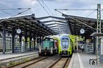 295 098 hat ihre Schwestermaschine 295 083 in Kiel abgeholt und wartet in Rendsburg auf Ausfahrt. In der Gegenrichtung fährt 445 023 als RE 11166 nach Flensburg aus. (03.05.2024) <i>Foto: Thorsten Eichhorn</i>