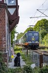 Vorbei an einem wachsamen Aufpasser am Museums-Stellwerk "Rn" fährt Hectorrail 162 008 (ex 151 003) mit einem Zug der Kombinierten Landstraße durch den Bahnhof Rendsburg. (01.09.2024) <i>Foto: Thorsten Eichhorn</i>