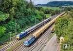 146 522 der SRI Rail Invest Ellwangen überholt mit TRI-Ersatzzug RE 88614 nach Stuttgart im Bahnhof Gaildorf West die 393 001 der CD, die mit einem Holzzug für das Junginger Naturholzwerk in Unterrot hier angekommen ist. (15.09.2025) <i>Foto: Joachim Schmidt</i>