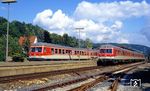 Begegnung von 614 014 (N 5662) und 614 038 (N 4657) im Bahnhof Hersbruck rechts Pegnitz. (05.09.1990) <i>Foto: Joachim Bügel</i>