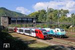 Am alten Reiterstellwerk "Bkb" begegnen einander 642 177 der Regio RheinNeckar, Bst Ludwigshafen (Rheinl), und 186 252 des belgischen Schienengüterverkehrsunternehmens LINEAS. (01.10.2025) <i>Foto: Roland Hackl</i>