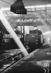 Licht- und Schattenspiele im Schuppen des Bw 1 Frankfurt (Main). Dort ist neben der Kasselaner 01 1102 die 01 189 aus Hannover untergestellt. (1952) <i>Foto: Paul Trost</i>