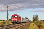 245 024 passiert mit IC 2311 "Nordfriesland" nach Köln das Einfahrsignal von Klanxbüll. Üblicherweise gibt es hier Kreuzungen mit Zügen, die auf dem nachfolgenden eingleisigen Streckenabschnitt aus Lehnshallig entgegenkommen. An diesem Tag hatte der IC aber freie Bahn, wie das Ausfahrvorsignal anzeigt. (25.09.2025) <i>Foto: Joachim Bügel</i>