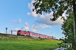218 470 brummt mit RE 11016 nach Westerland (Sylt) bei Klanxbüll vorbei. (25.09.2025) <i>Foto: Joachim Bügel</i>
