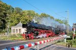 01 1104 und 01 1075 passieren mit Sonderzug DPE 26321 von Köln nach Darmstadt einen ehemaligen Schrankenposten an der Brunnenstraße bei Rhens. (01.10.2025) <i>Foto: Atijana Schmidt</i>