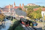 In Crailsheim hatte 01 1075 den Sonderzug verlassen. Im letzten Licht des Tages beförderte 01 1104 den Sonderzug in Ellwangen allein weiter nach Nördlingen. (02.10.2025) <i>Foto: Atijana Schmidt</i>