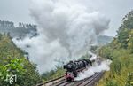 In der Regenschlacht an der Schiefen Ebene folgte 01 1075 (mit Schiebelok V 100 2084) vor DPE 28037 nach Marktschorgast. (04.10.2025) <i>Foto: Joachim Schmidt</i>