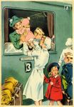 Mit Beginn des Krieges veränderte sich auch die Werbung der Reichsbahn deutlich. Nun standen keine Vergnügungsreisen mehr im Vordergrund, sondern die Plakate dienten als Propaganda für Krieg und Heimatfront. Neben dem Soldatischen wurde Werbung für und mit Frauen gemacht, mit denen der Mangel der an den Fronten kämpfenden Männern kaschiert werden sollte. Die hilfreiche Dame in weißer Kleidung gehört dem NS-Frauenbund an, der ab 1933 der Gleichschaltung aller anderen, nicht-nationalsozialistischen Frauengruppen und Verbände diente. Das Symbol der Algiz-Rune am Ärmel und der Haube stammt aus dem altnordischen Runenalphabet und sollte als "Lebensrune" in Abgrenzung zur christlichen Symbolik anstatt der üblichen genealogischen Zeichen für das Geburtsdatum (*) und in gestürzter Form für das Sterbedatum (†) verwendet werden.  (1943) <i>Foto: WER</i>