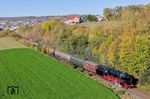 In den leuchtenden Herbstfarben des Sauerlands bei Scherfede ist 01 1104 mit Sonderzug DPE 74200 unterwegs. (18.10.2025) <i>Foto: Joachim Schmidt</i>