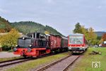 Die Pendelzüge hatten in Hinterweidenthal Ost bzw. Dahn Anschluss an die Züge der RB 55 (Kaiserslautern – Landau/Pfalz – Pirmasens). Im Bahnhof Dahn begegnet die Museumslok V 20 051 der Historischen Eisenbahn Mannheim e.V. dem 628 455 als RB 12314 nach Pirmasens. (18.10.2025) <i>Foto: Zeno Pillmann</i>