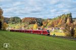 612 992 mit einem Schwesterfahrzeug als RE 3467 (Nürnberg - Neukirchen b Sulzbach-Rosenberg) in Lehendorf nahe Etzelwang. (29.10.2025) <i>Foto: Joachim Schmidt</i>