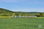 Die Wieslauftalbahn beginnt in Schorndorf im Remstal, wo sie von der Bahnstrecke SStuttgart-Bad Cannstatt – Nördlingen abzweigt, und führt 23 km nach Welzheim. Der Abschnitt im Tal der Wieslauf bis Rudersberg-Oberndorf wird vom Zweckverband Verkehrsverband Wieslauftalbahn (ZVVW) betrieben und im Schienenpersonennahverkehr durch die Regionalbahn-Linie RB 61 der Württembergischen Eisenbahn-Gesellschaft (WEG) bedient. Das auch Obere Wieslauftalbahn oder Bergstrecke genannte Teilstück hinauf nach Welzheim mit einer Maximalsteigung von 25 Promille und mehreren Viadukten wird seit 2010 von der Schwäbische Waldbahn GmbH als Museumsbahn betrieben. Auf dem unteren Abschnitt ist WEG VT 440 mit VS 426 und VT 422 bei Schlechtbach auf dem Weg nach Oberndorf (heute Rudersberg-Oberndorf). (11.05.2015) <i>Foto: Zeno Pillmann</i>