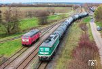 Nachdem der Kesselwagenzug geteilt wurde, rangiert TRG 241 338 den zweiten Teil ins Tanklager Emleben. (13.11.2025) <i>Foto: Joachim Schmidt</i>