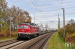 232 701 fährt mit dem leeren Dolomitzug DGS 95093 von Brandenburg an der Havel nach Wünschendorf durch den Haltepunkt Pönitz zwischen Eilenburg und Leipzig. (12.11.2025) <i>Foto: Ralf Opalka</i>