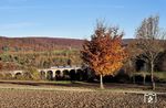 Die mit 482 m längste Kalkstein-Gewölbebrücke Europas bei Altenbeken ist zu jeder Jahreszeit ein lohnendes Fotoziel, auch wenn die Vegetation immer weniger Perspektiven zulässt. Bei schönstem Herbstwetter rollt eine 193 von Railpool mit einem "Lkw-Walter-Zug" über den Viadukt. (06.11.2025) <i>Foto: Zeno Pillmann</i>