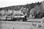 Am bekannten "Bello-Blick", einer Fotostelle bei Hönebach, die der Altmeister vermeintlich als erster nutzte, ist die erste auf Ölfeuerung umgebaute 01.5 (01 519) des Bw Erfurt P zur deutsch-deutschen Grenze unterwegs. (17.05.1964) <i>Foto: Karl-Ernst Maedel</i>
