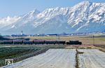 Bis 194 126 mit dem Dg 49830 nach München Ost endlich bei Hall in Tirol auftauchte, kam das Sonnenlicht schon komplett von hinten, sodass nur noch ein Schattenriß vor der Karwendel Nordkette übrig blieb. (21.02.1988) <i>Foto: Joachim Bügel</i>