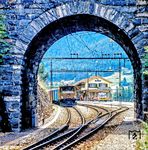 RhB Ge 6/6 I 414 im Bahnhof Tiefencastel. Der Bahnhof liegt an der Albulalinie der Rhätischen Bahn und ist auch Zubringer für das Oberhalbstein.  (06.1989) <i>Foto: Karsten Risch</i>
