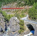 Eine Ge 6/6 II mit dem 'Bernina-Express' aus Bergün kommend am Fuegna-Tunnel in der Albulaschlucht bei Muot. (06.1989) <i>Foto: Karsten Risch</i>