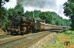 44 094 (Bw Osnabrück Hbf) kämpft sich mit einem Güterzug über die Steigung des Wiehengebirges zwischen Vehrte und Ostercappeln. (13.08.1968) <i>Foto: Robin Fell</i>