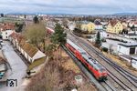 218 416 verlässt mit RE 4858 nach Hof den Bahnhof Schwandorf. (12.02.2026) <i>Foto: Joachim Schmidt</i>