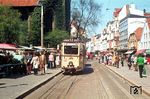 Tw 39 (Elze/AEG, Baujahr 1951) in der heutigen Fußgängerzone an der Haltstelle Nordermarkt in Flensburg. (05.1973) <i>Foto: Jürgen Hagemann</i>