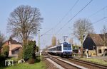 Seit 8. Januar 2024 verdichtet die neue Niers-Erft-Bahn RB 37 (Krefeld – Neuss) den RE 7 in diesem Abschnitt von Montag bis Freitag zu einem Halbstundentakt. Zum Einsatz kommt ein Bn-Wagenzug von TRI. 145 040 schiebt hier die RB 89414 nach Krefeld bei Meerbusch-Osterath. (09.03.2026) <i>Foto: Zeno Pillmann</i>
