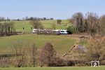 Ein Vergleichsbild (zu Bild-Nr. 116501) zeigt die im Frühjahr 2021 noch deutlich eingeschränkte Sicht auf die Strecke. VT 104 hat als S 77198 nach Düsseldorf soeben den Bahnhof Dornap-Hahnenfurth verlassen. (21.02.2021) <i>Foto: Zeno Pillmann</i>