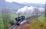 03 1010 befördert den D 1403 (Leipzig - Nürnberg) im Loqitztal bei Oberloquitz. (30.04.1991) <i>Foto: Joachim Bügel</i>