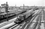 Eine dreiachsige Tenderlok der Dänischen Staatsbahnen (DSB) der Reihe F rangiert im Bahnhof Dybbølsbro im Bezirk Vesterbro in Kopenhagen.  (08.1961) <i>Foto: Jürgen Hagemann</i>