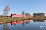 Auch mit 612 151 und 612 056 als RE 3460 nach Nürnberg gelang die perfekte Spiegelung an den Wiesauer Fischteichen. (07.04.2026) <i>Foto: Joachim Bügel</i>