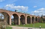 628 256 der MaS Bahnconsult Leipzig als Sonderzug von Leipzig nach Döbeln auf dem 204 m langen Viadukt Niedergräfenhain zwischen Frohburg und Geithain.  (06.04.2026) <i>Foto: Ralf Opalka</i>