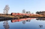 Das Oberpfälzer Frühprogramm begann wieder an den Wiesauer Fischteichen, weil nur hier am frühen Morgen die Sonne auf die Strecke scheint. Um 7.15 Uhr brummt 218 416 mit RE 4857 nach München vorbei. (08.04.2026) <i>Foto: Joachim Bügel</i>