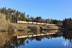 Der nächste Fischteich wurde bei Oberteich gefunden, wo ELP 2159 256 mit dem DGS 99964 (Schwedt/Oder - Regensburg Ost) auf der Bildfläche erschien. Der nachfolgende Güterzug EZ 45360 aus Most war hingegen ein Reinfall, weil die 232 als Lz erschien. (08.04.2026) <i>Foto: Joachim Bügel</i>