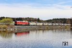 233 219 rollt mit GAG 46420 (Most Nove Nadrazi - Vallenciennes) am Rechenweiher bei Escheldorf vorbei. (09.04.2026) <i>Foto: Joachim Bügel</i>
