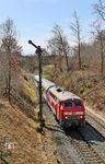 218 824 (ex 218 233) passiert mit der Überführungsfahrt DGS 95421 (München-Laim - Großrätschen) das Einfahrsignal von Reuth (b Erbendorf). (09.04.2026) <i>Foto: Joachim Bügel</i>