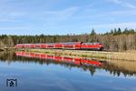 Der entspannte Tagesausklang konnte in aller Ruhe an den Wiesauer Fischteichen genossen werden. 218 416 störte mit RE 4867 nach München nur kurz die Ruhe. (09.04.2026) <i>Foto: Joachim Bügel</i>