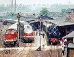 In Döbeln Hbf stehen 110 169 (Bw Nossen), 118 230 (Bw Karl-Marx-Stadt) und der DMV-Sonderzug anlässlich des "Tag des Eisenbahners" mit 75 515 und 62 015. (12.06.1977) <i>Foto: Karsten Risch</i>