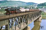 044 523 (44 1523 vom Bw Koblenz Mosel) auf der Bullayer Moselbrücke. Für die Fahrt durch den anschließenden Prinzenkopftunnel hat der Heizer bereits für eine saubere Verbrennung gesorgt. (20.08.1968) <i>Foto: Robin Fell</i>