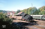 Die Tübinger 64 513 im Arbeitszugeinsatz in Freudenstadt Hbf, ein sonst hier nicht zu sehender Exot. (10.10.1967) <i>Foto: Robin Fell</i>