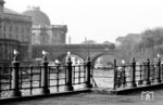 Ein S-Bahnzug fährt am Bodemuseum nahe der S-Bahn-Haltestelle Hackescher Markt an einer gut positionierten Vogelschar an der Spree vorbei. (11.1975) <i>Foto: Jürgen Hagemann</i>