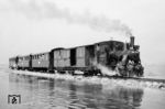 99 023 der Inselbahn Wangerooge auf der Fahrt über den Steindamm zum Ostanleger. Seit Indienststellung 1913 war sie auf der Inselbahn bei Wind und Wetter im Einsatz. Organisatorisch wurde der Lokbahnhof Wangerooge am 1. Juni 1952 aufgehoben und die neue Dienststelle "Schiffsdienst und Inselbahn Wangerooge" gebildet. Dem Bw Oldenburg (Oldb) Hbf oblag weiterhin die technische Aufsicht.  (1952) <i>Foto: Karl-Friedrich Heck</i>