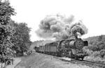 50 3657 (Bw Nossen) ist mit einer Übergabe nach Großvoigtsberg am frühen Morgen bei Nossen auf der Strecke nach Freiberg (Sachs) unterwegs. Heute ist dieses Motiv vollständig zugewachsen und es findet kein Zugverkehr mehr durch den schönen Zellwald statt. (12.06.1982) <i>Foto: Thomas Fischer</i>
